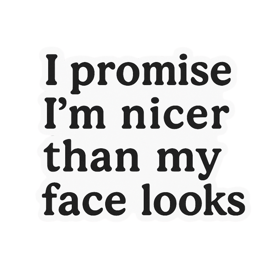 "I promise I'm nicer than my face looks" Sarcastic Sticker