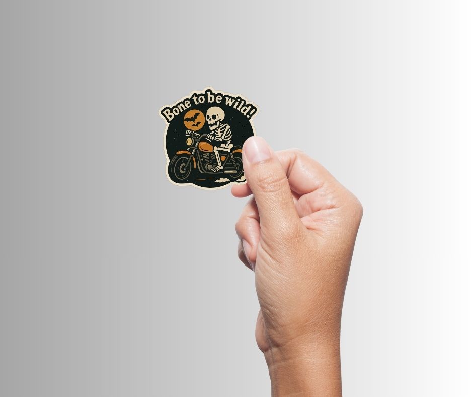 Funny Spooky Skeleton Halloween Sticker "Bone to be wild!"