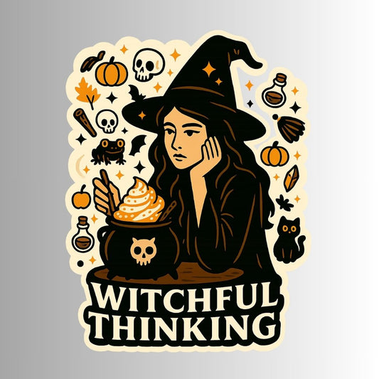 Funny Spooky Halloween Witch Sticker "Witchful Thinking" Pumpkin Spice Latte