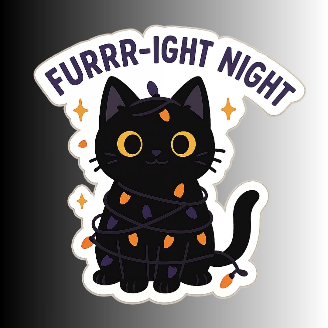 Cute Funny Halloween Black Cat Sticker "Furrr-ight Night"
