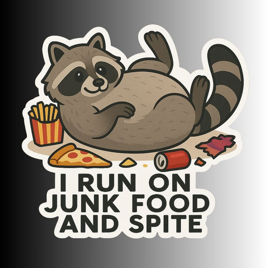 "I Run on Junk Food and Spite" Funny Raccoon Sticker