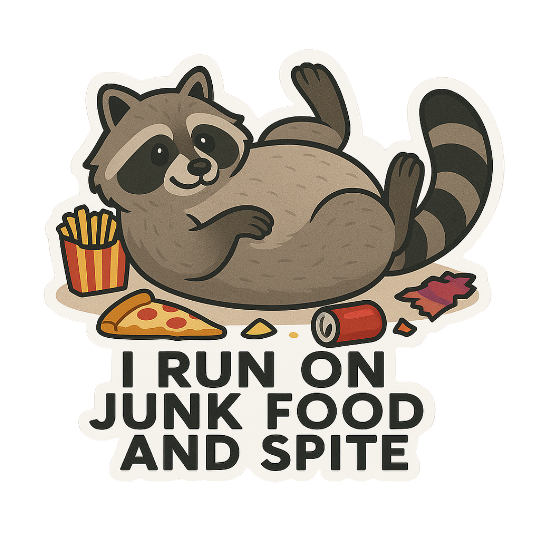 "I Run on Junk Food and Spite" Funny Raccoon Sticker
