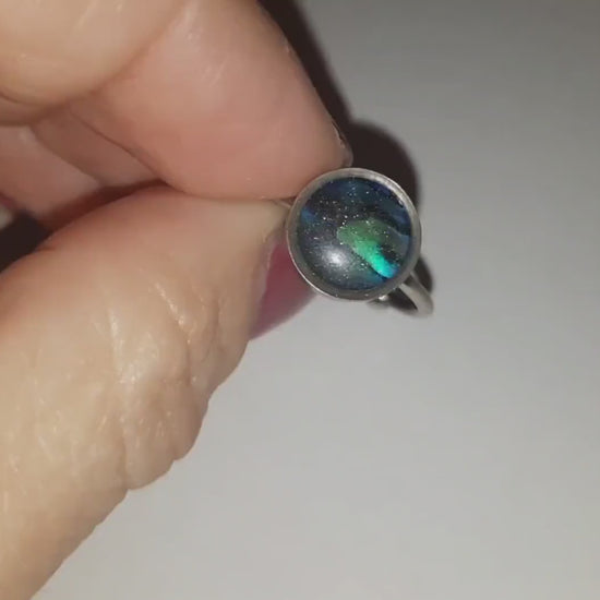 Handcrafted / Handmade Abalone Shell and Holographic Powder Infused Resin, Hypoallergenic Silver Stainless Steel Cuff Finger Ring, Size 8