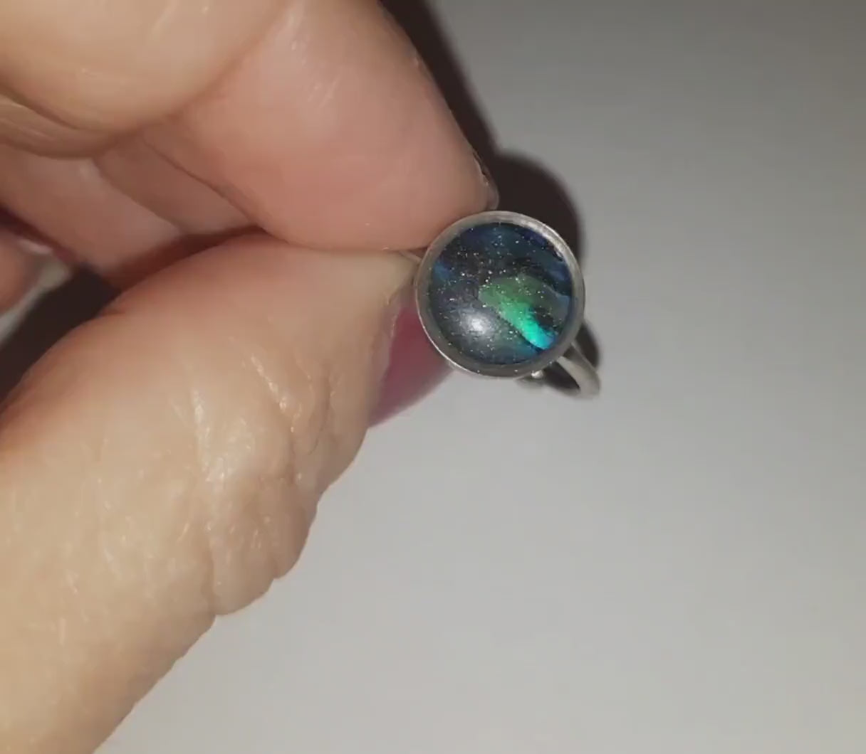 Handcrafted / Handmade Abalone Shell and Holographic Powder Infused Resin, Hypoallergenic Silver Stainless Steel Cuff Finger Ring, Size 8