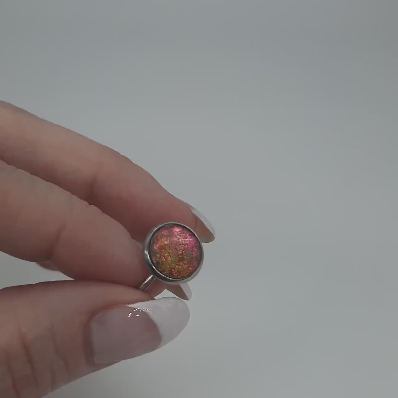 Handcrafted / Handmade Iridescent Red / Yellow Reflective Rhinestone Ring, Hypoallergenic Silver Stainless Steel, Size 7 Finger Cuff