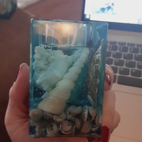 Beach Themed Round Candle Holder Made with Eco-Friendly Epoxy Resin and Seashells - Includes Choice of Real SCENTED Tealight or LED Tealight