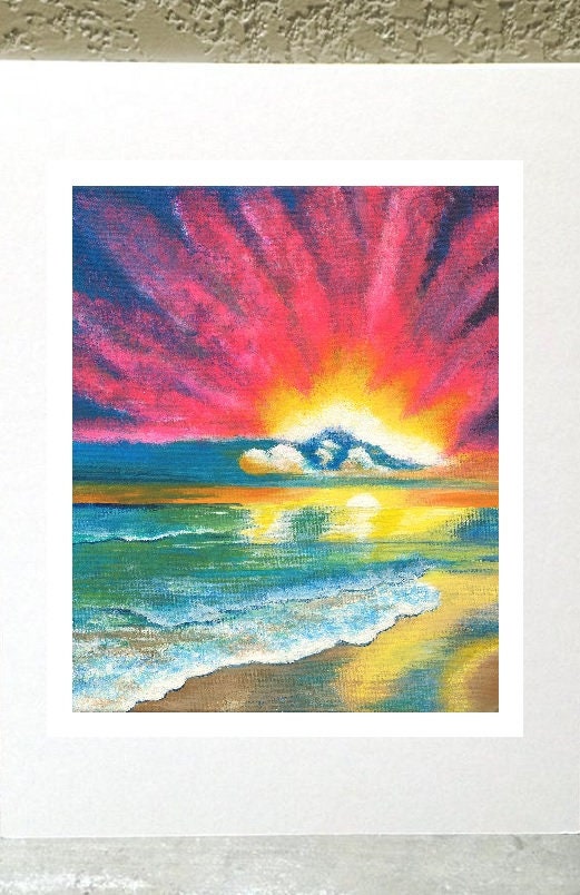 Print of Waves on Beach and Pink Cloud Sunset w/ Reflection Painting, Matted, Vibrant Colors, Beachy / Coastal / Tropical / Nautical Themed