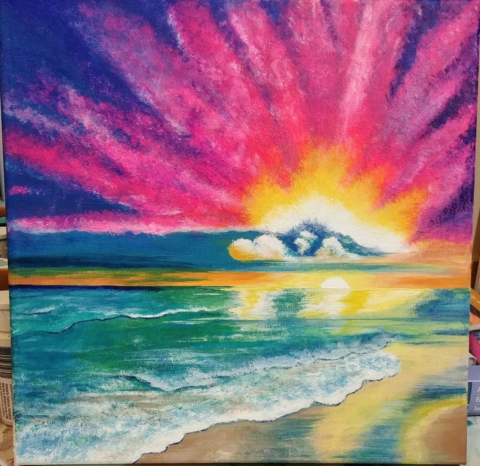 Print of Waves on Beach and Pink Cloud Sunset w/ Reflection Painting, Matted, Vibrant Colors, Beachy / Coastal / Tropical / Nautical Themed