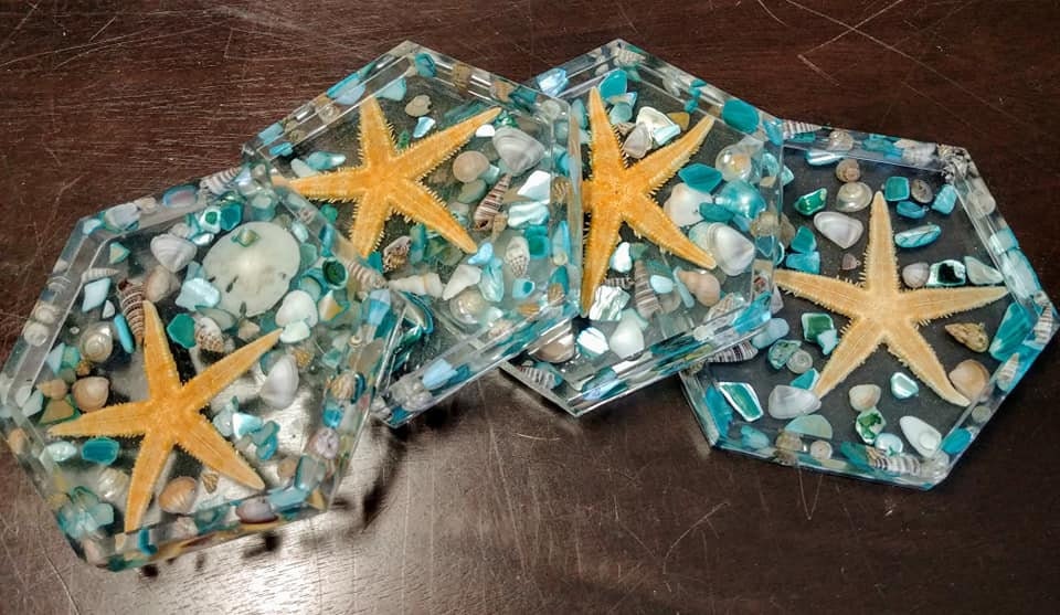 Eco-Friendly Resin Seashell Coasters (Set of 4) w/ Mica Powder, Starfish, Sand Dollar, Abalone, and Sea Shells, Round, Square, or Hexagon