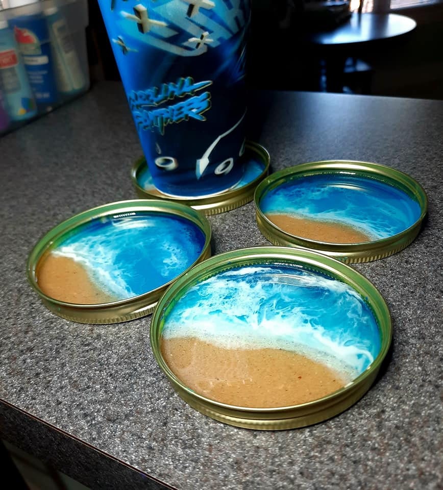 Eco-Friendly Resin Seascape Mason Jar Lid Coasters (Set of 4), Ocean Coasters, Beach Coasters, Made with Real Sand