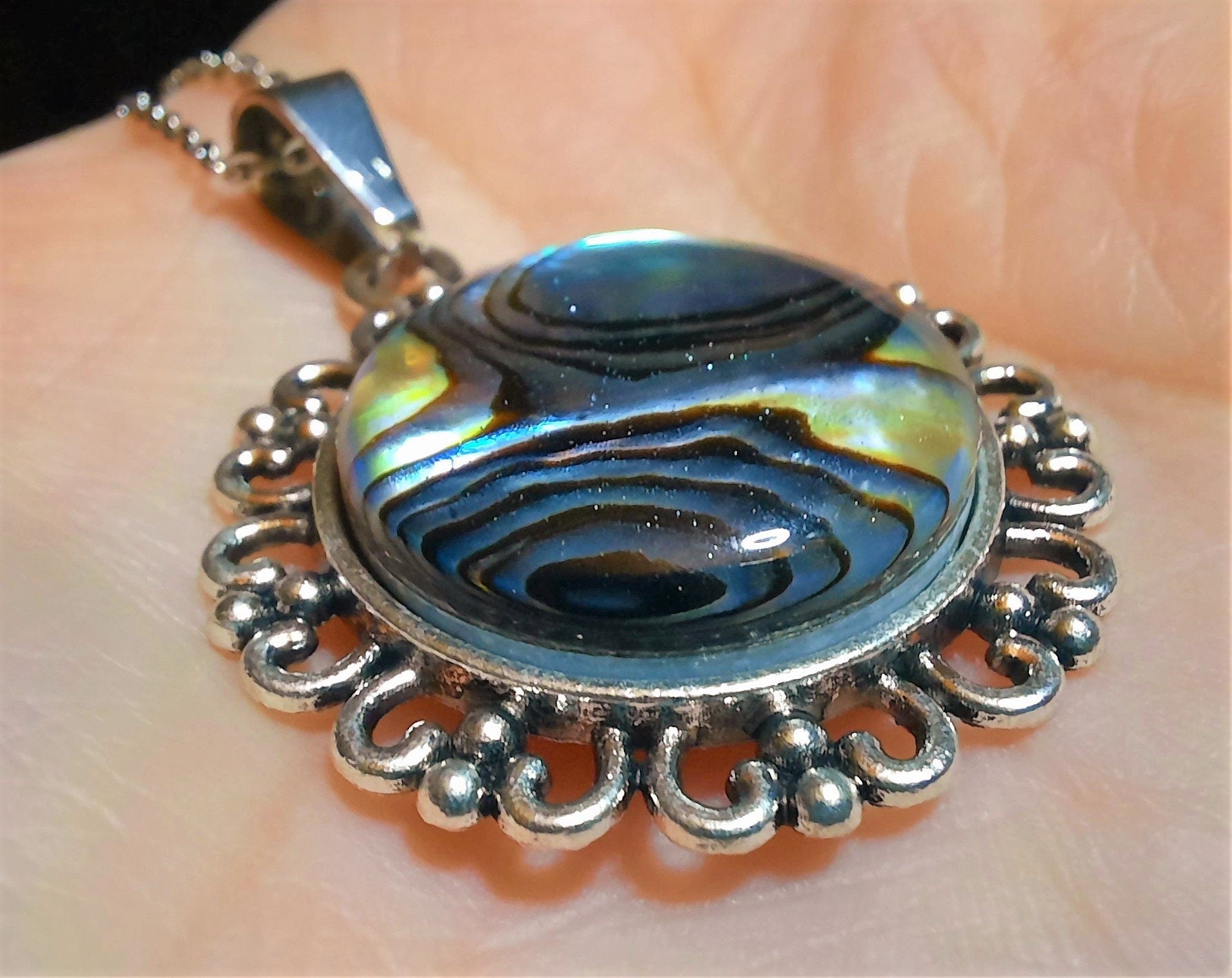 Abalone / Paua Seashell Tibetan Style Pendant Necklace - Stainless Steel - Hypoallergenic - Covered with Holographic Powder Infused Resin