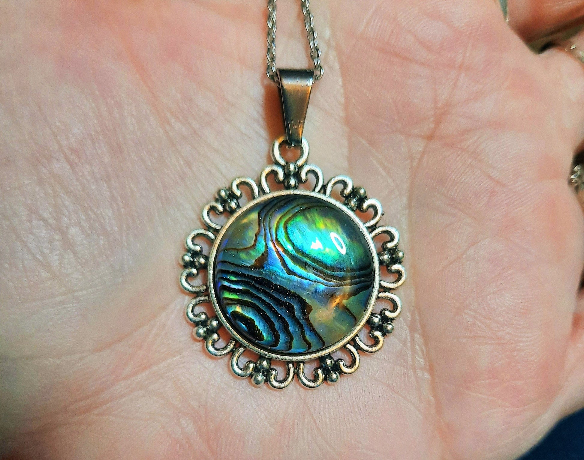 Abalone / Paua Seashell Tibetan Style Pendant Necklace - Stainless Steel - Hypoallergenic - Covered with Holographic Powder Infused Resin