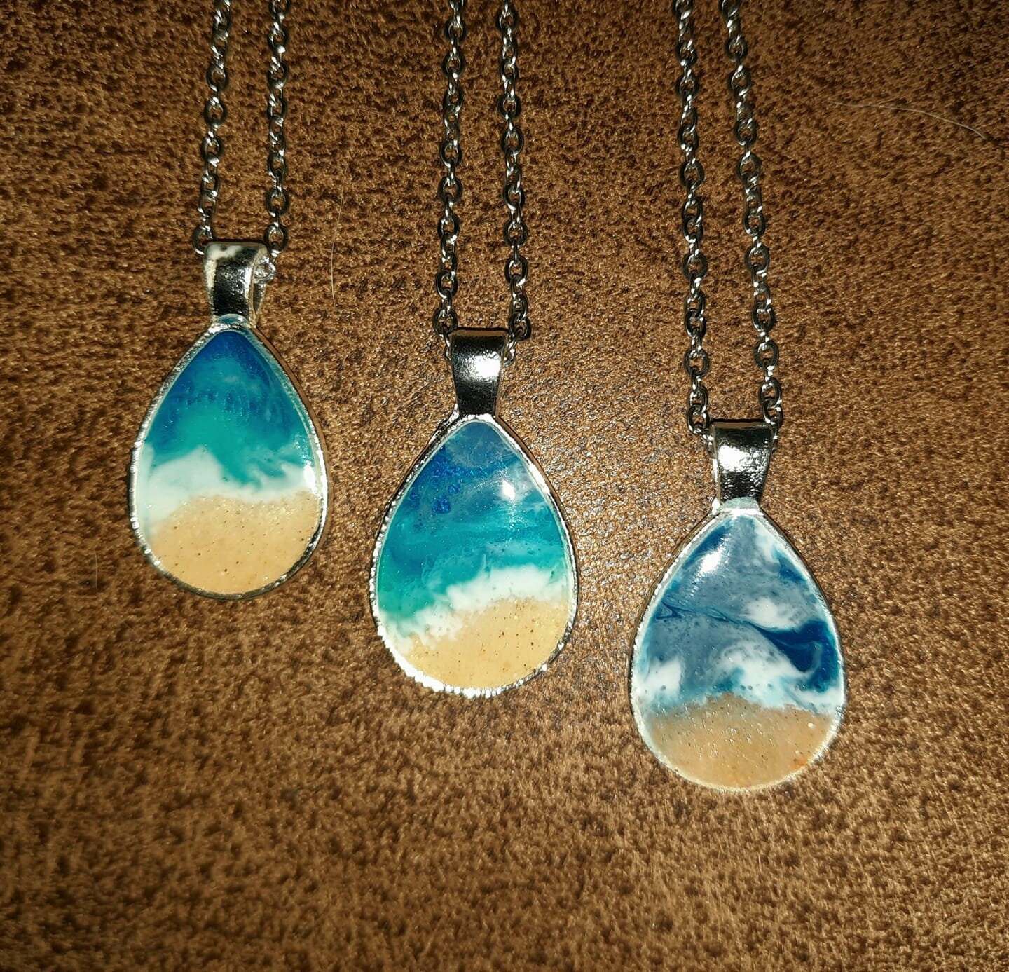 Resin Waves Teardrop Shaped Ocean Pendant / Beach Scene Necklace, Handmade with Resin and Real Sand - One of a Kind - Not a Photograph