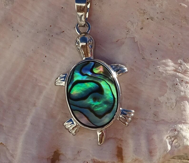 Abalone / Paua Small Sea Turtle Pendant Necklace - Stainless Steel Hypoallergenic Chain-Lobster Claw Closure - Silver-Coated Brass Pendant