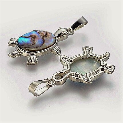 Abalone / Paua Small Sea Turtle Pendant Necklace - Stainless Steel Hypoallergenic Chain-Lobster Claw Closure - Silver-Coated Brass Pendant