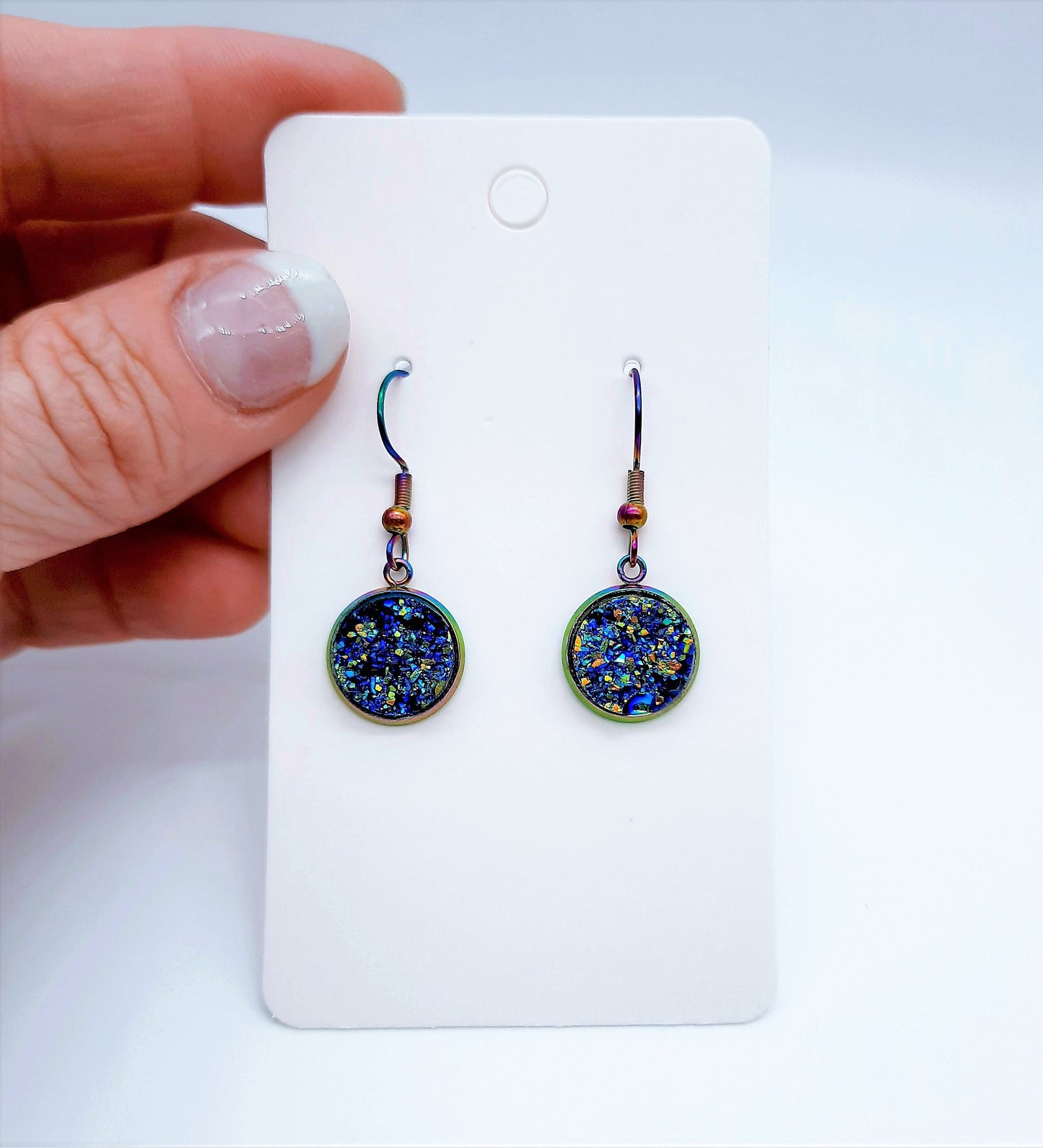Handcrafted / Handmade Blue - Green Iridescent Druzy Stone Earrings / Made w/ Hypoallergenic Rainbow Chromium Stainless Steel Ear Wire Hooks