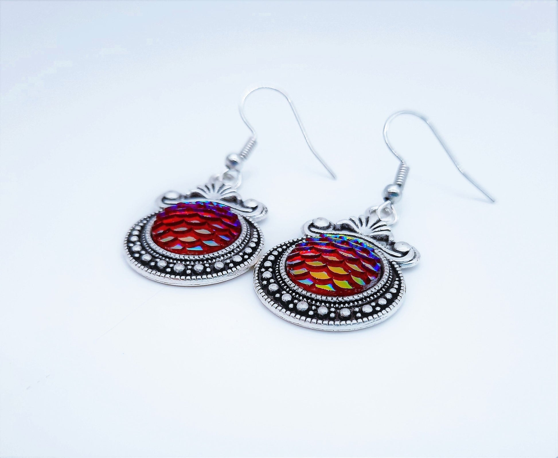 Iridescent Red Mermaid Scale / Dragon Scale / Fish Scale Earrings / Antique Tibetan Look / Made with Hypo-allergenic Stainless Steel