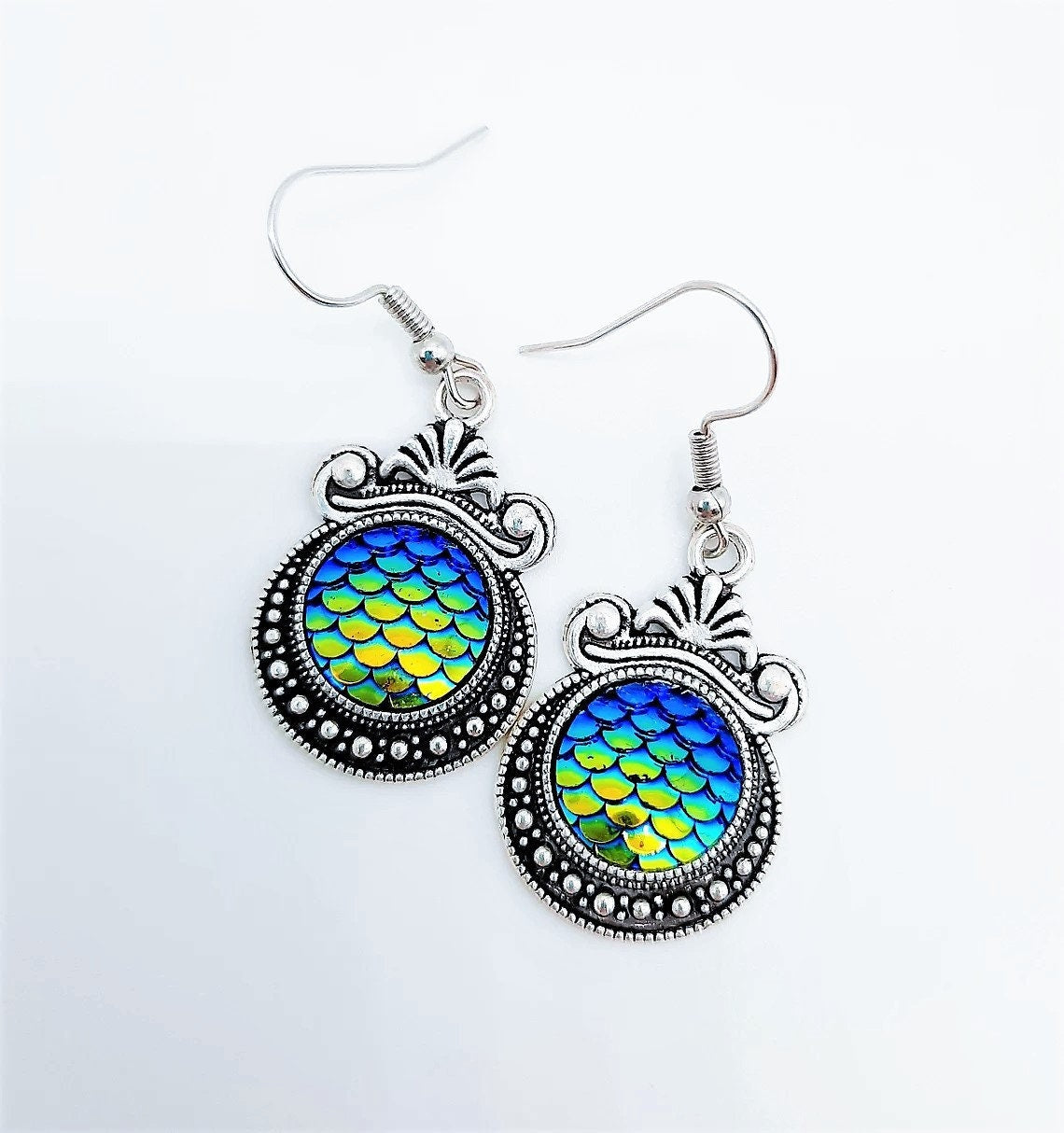 Iridescent Blue - Green Mermaid Scale / Dragon Scale / Fish Scale Earrings / Antique Tibetan Look / Made w/ Hypo-allergenic Stainless Steel