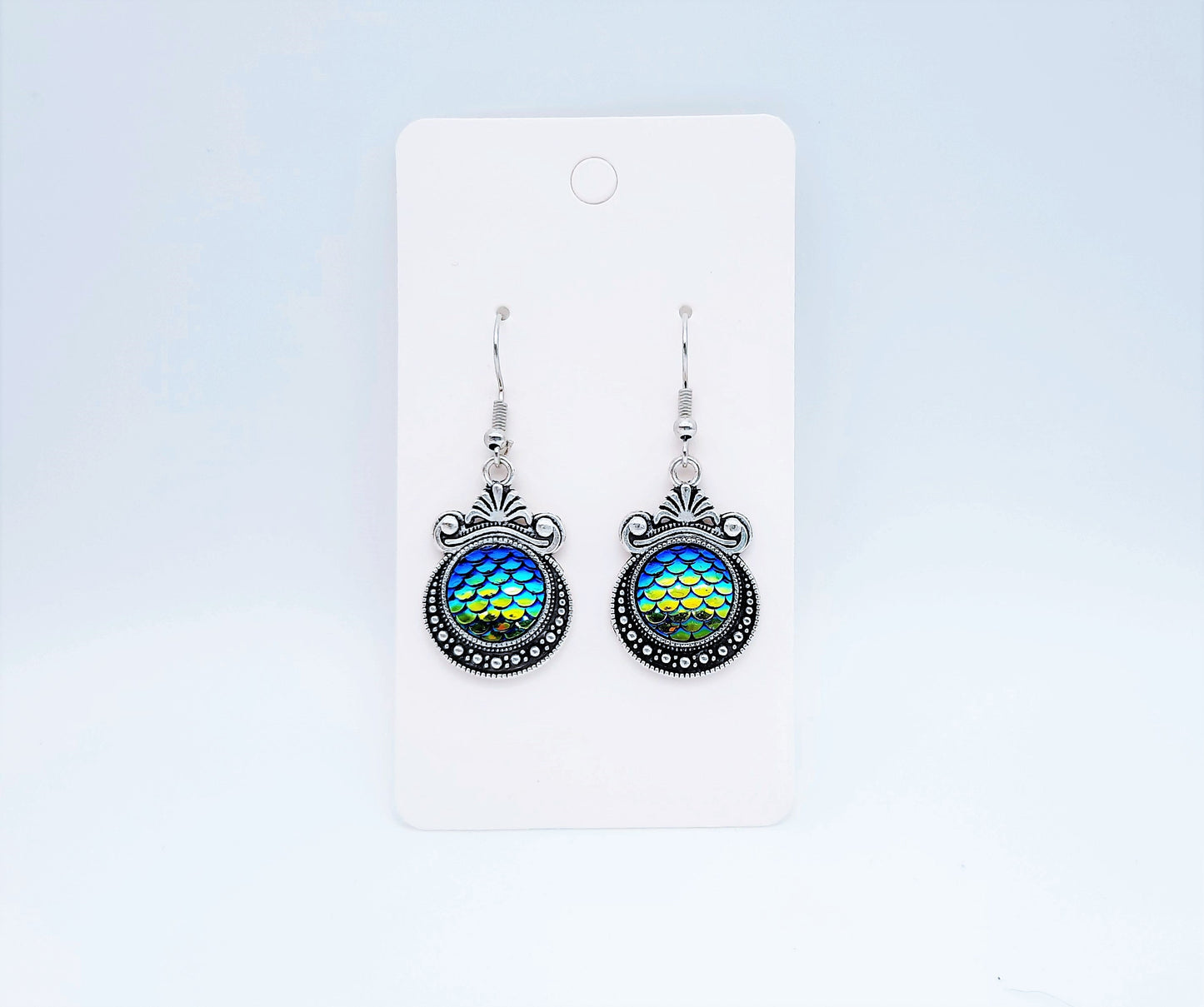 Iridescent Blue - Green Mermaid Scale / Dragon Scale / Fish Scale Earrings / Antique Tibetan Look / Made w/ Hypo-allergenic Stainless Steel