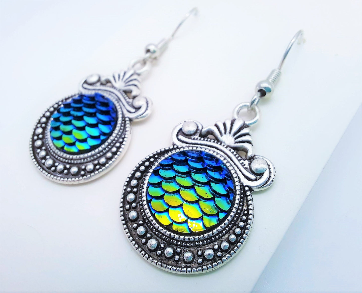 Iridescent Blue - Green Mermaid Scale / Dragon Scale / Fish Scale Earrings / Antique Tibetan Look / Made w/ Hypo-allergenic Stainless Steel
