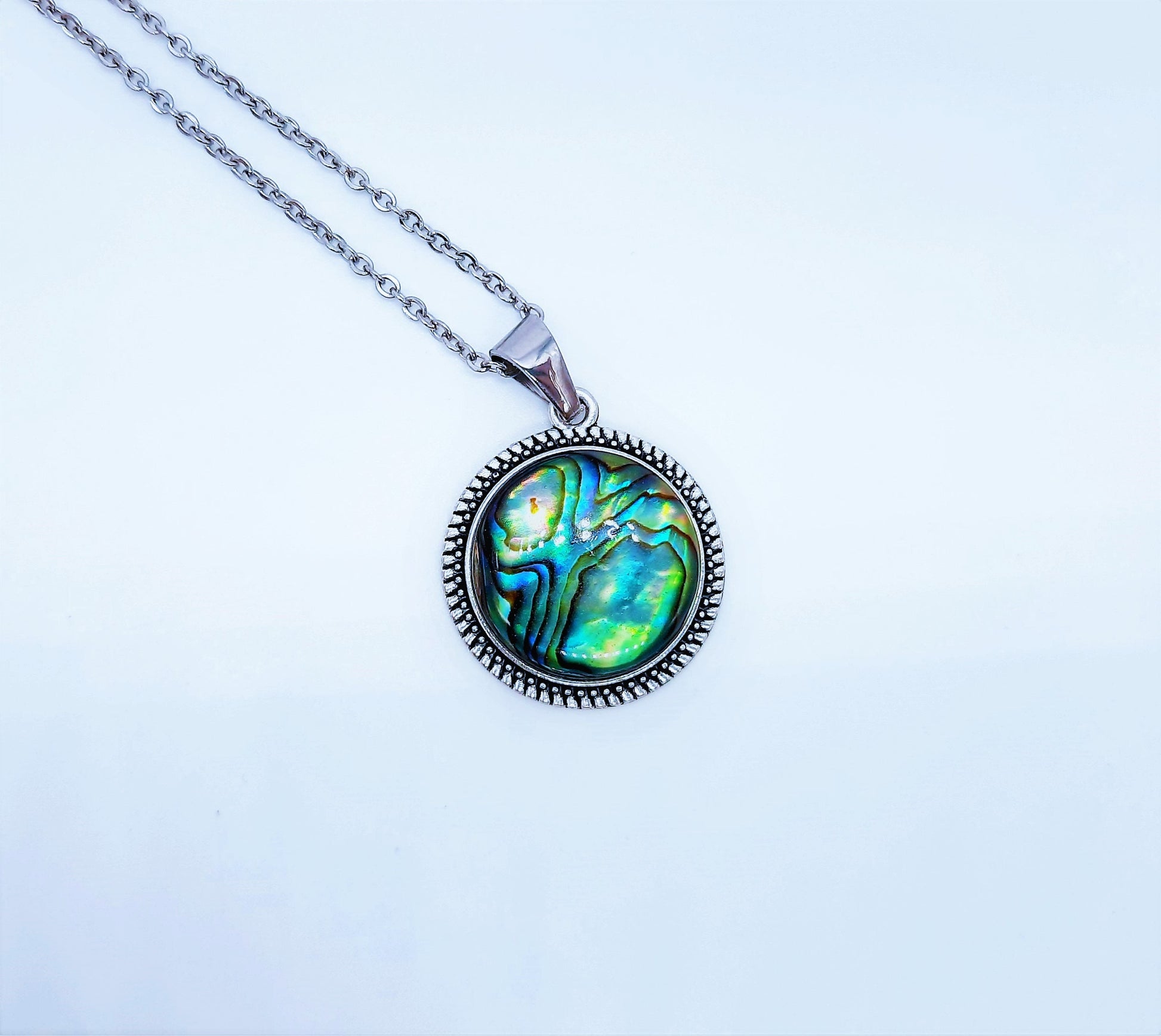 Abalone Shell / Paua Seashell Tibetan Style Pendant Necklace & Earring Set - Stainless Steel - Hypoallergenic