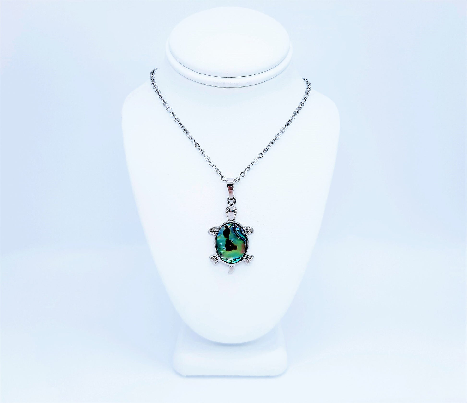 Abalone / Paua Small Sea Turtle Pendant Necklace - Stainless Steel Hypoallergenic Chain-Lobster Claw Closure - Silver-Coated Brass Pendant