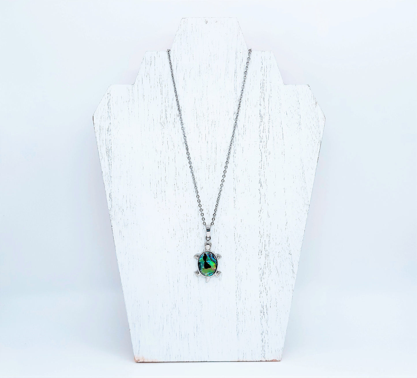 Abalone / Paua Small Sea Turtle Pendant Necklace - Stainless Steel Hypoallergenic Chain-Lobster Claw Closure - Silver-Coated Brass Pendant