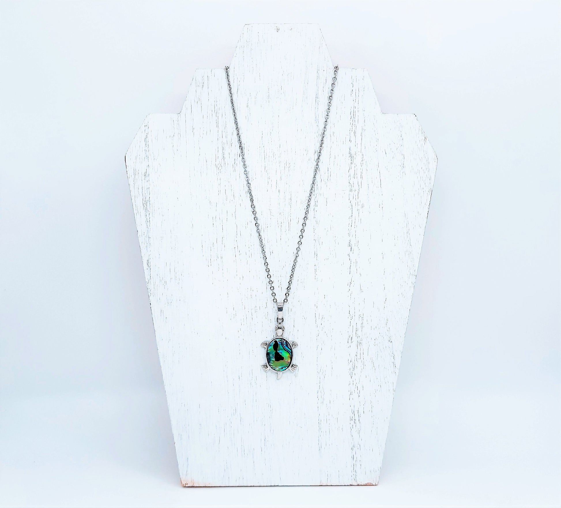 Abalone / Paua Small Sea Turtle Pendant Necklace - Stainless Steel Hypoallergenic Chain-Lobster Claw Closure - Silver-Coated Brass Pendant