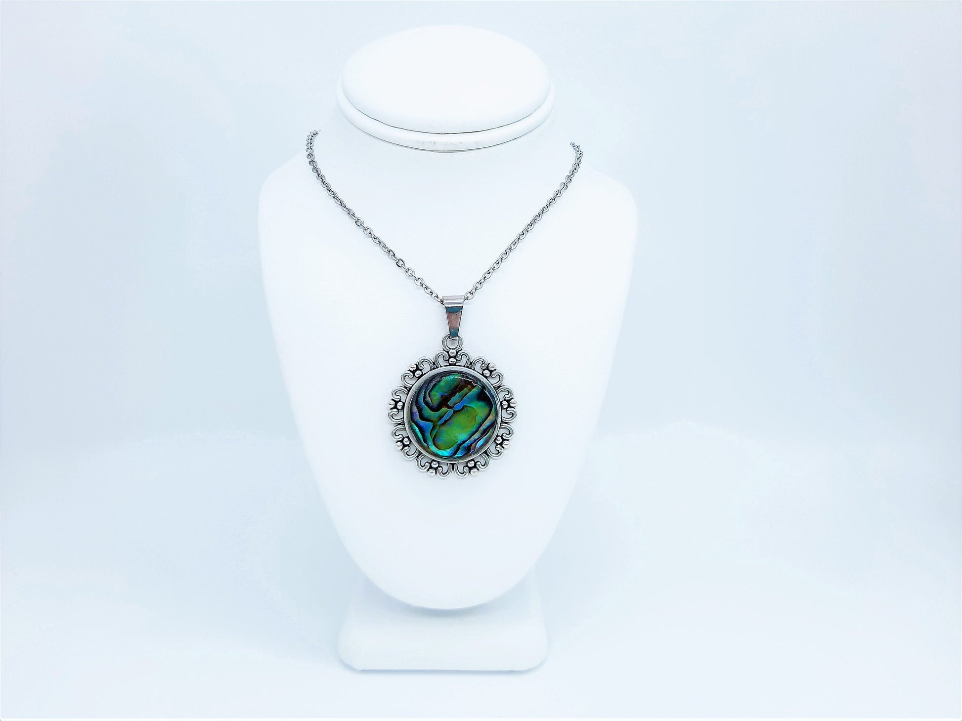 Abalone / Paua Seashell Tibetan Style Pendant Necklace - Stainless Steel - Hypoallergenic - Covered with Holographic Powder Infused Resin