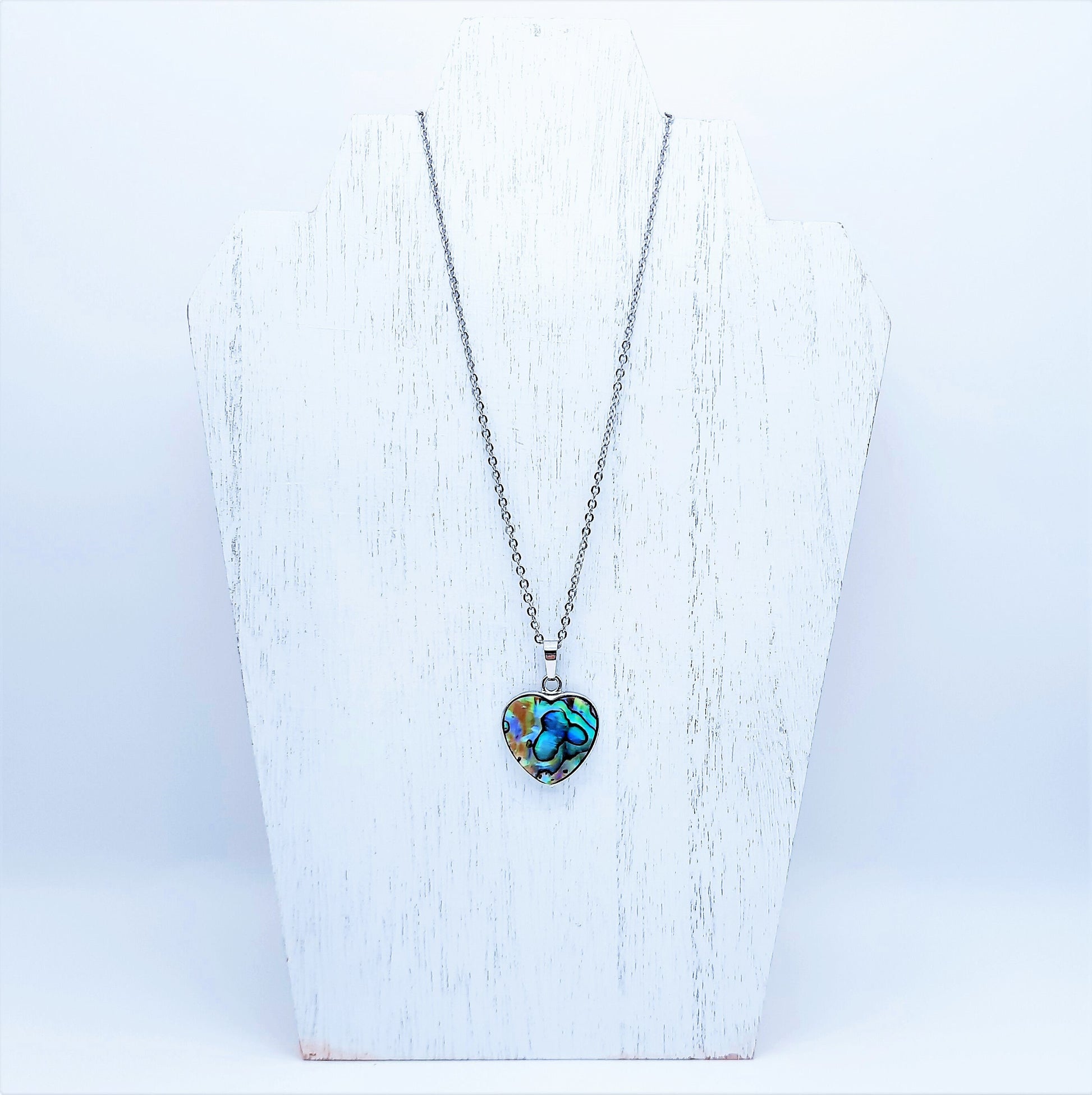 Abalone / Paua Seashell Heart Pendant Necklace - Stainless Steel Hypoallergenic Chain - Lobster Claw Closure - Silver-Coated Brass Pendant