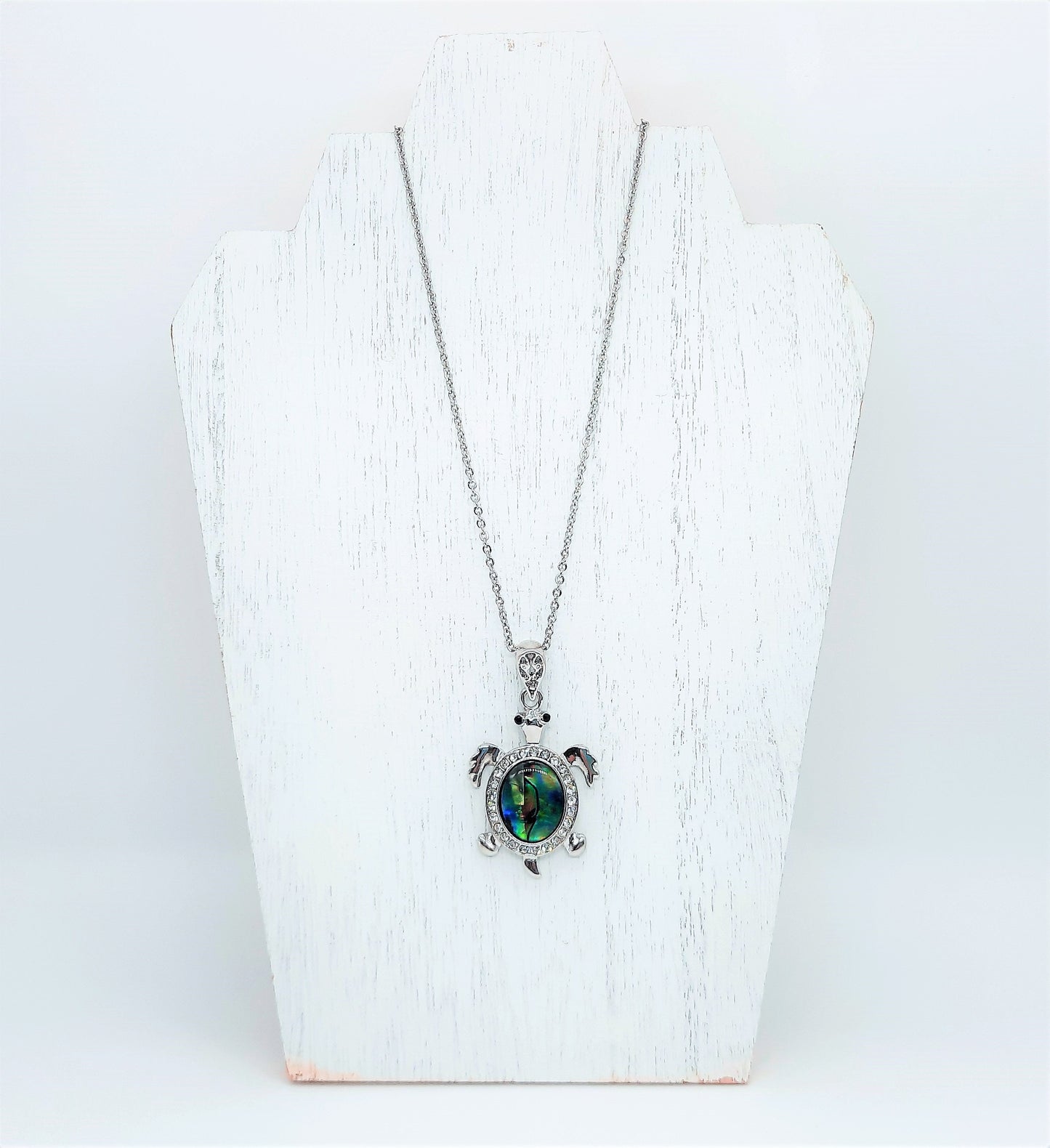 Abalone/Paua Seashell Sea Turtle Pendant Necklace - Stainless Steel Hypoallergenic Chain-Lobster Claw Closure - Silver-Coated Brass Pendant