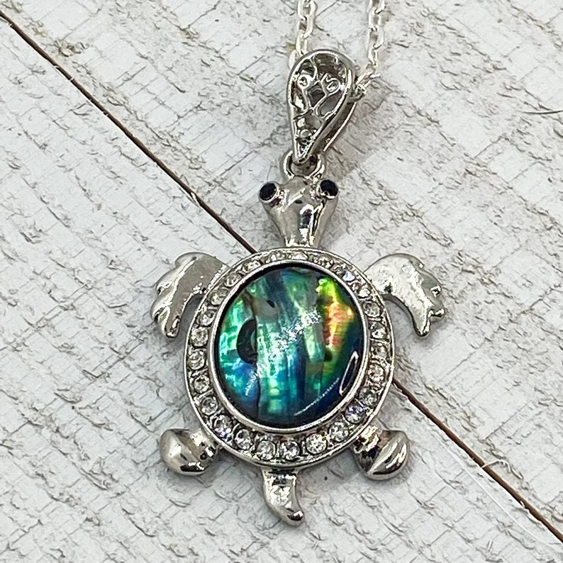 Abalone/Paua Seashell Sea Turtle Pendant Necklace - Stainless Steel Hypoallergenic Chain-Lobster Claw Closure - Silver-Coated Brass Pendant