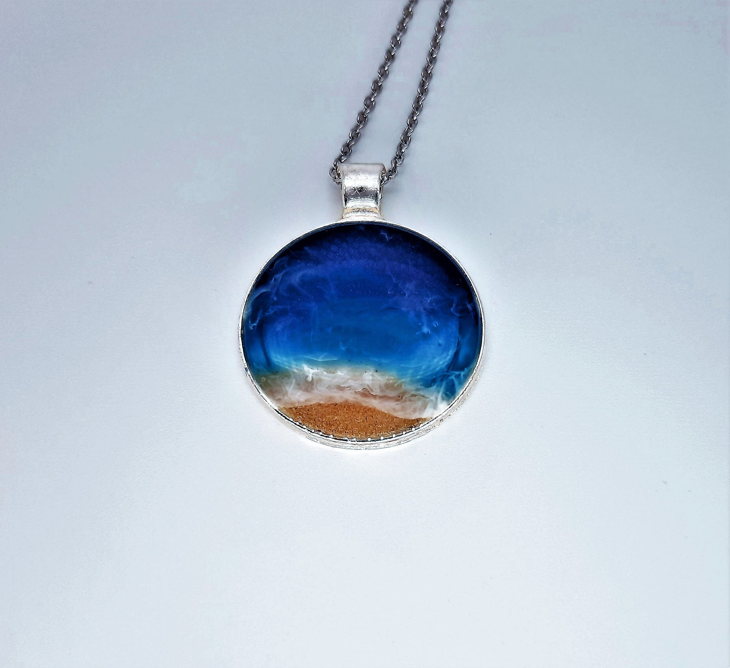 Resin Waves Round Shaped Ocean Pendant / Beach Scene Necklace, Handmade Made with Resin & Real Sand - One of a Kind - Not a Photograph!
