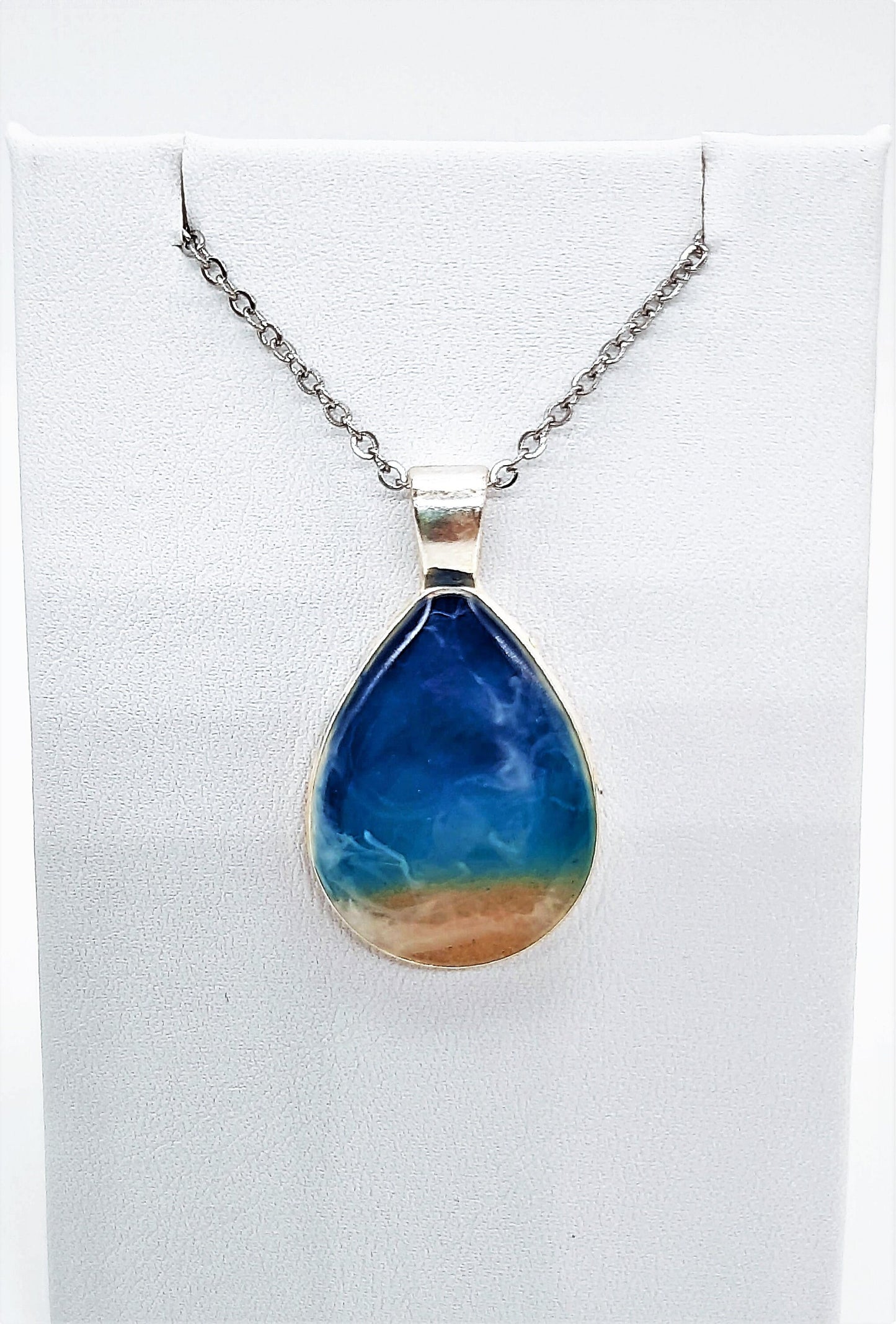 Resin Waves Teardrop Shaped Ocean Pendant / Beach Scene Necklace, Handmade with Resin and Real Sand - One of a Kind - Not a Photograph