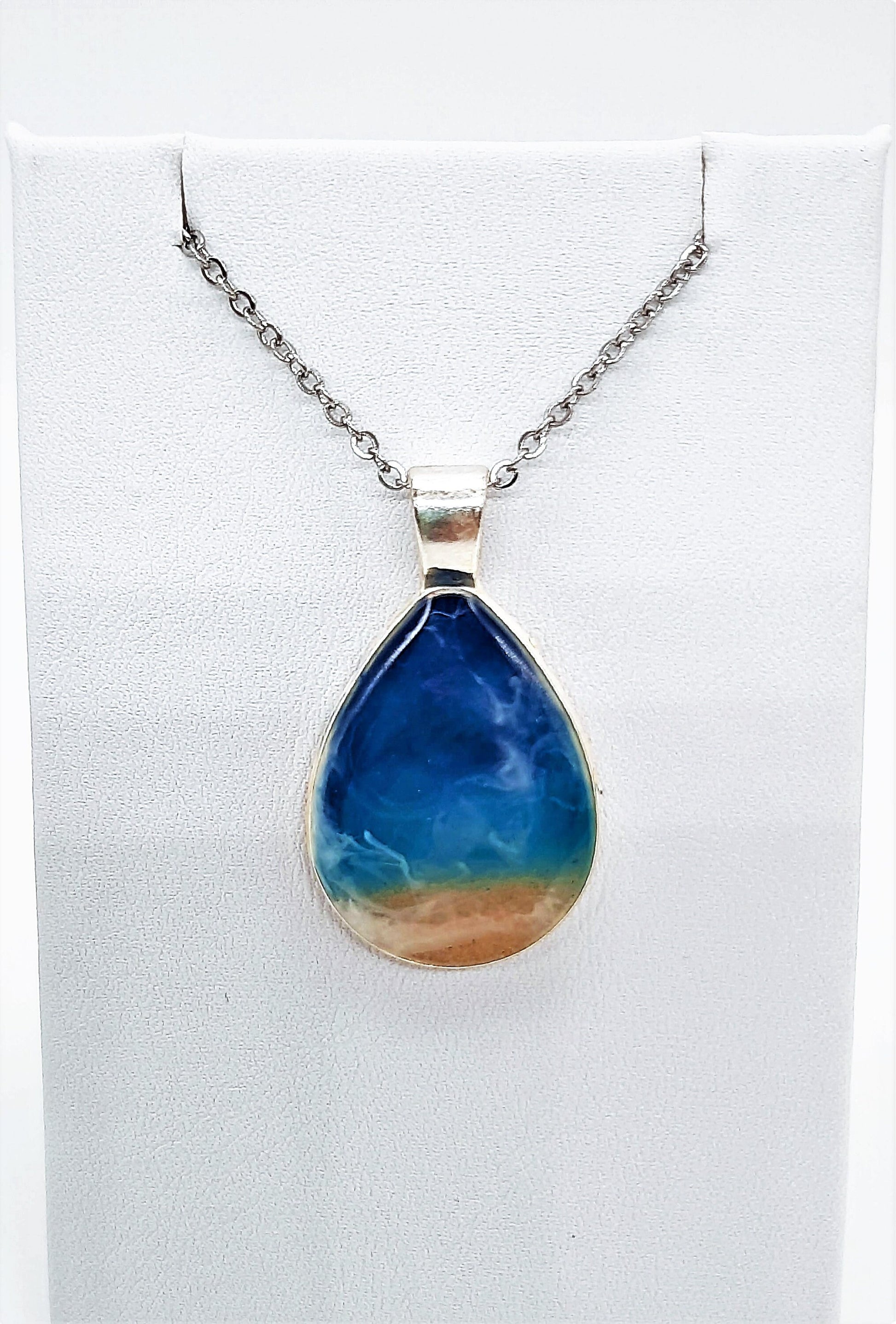 Resin Waves Teardrop Shaped Ocean Pendant / Beach Scene Necklace, Handmade with Resin and Real Sand - One of a Kind - Not a Photograph