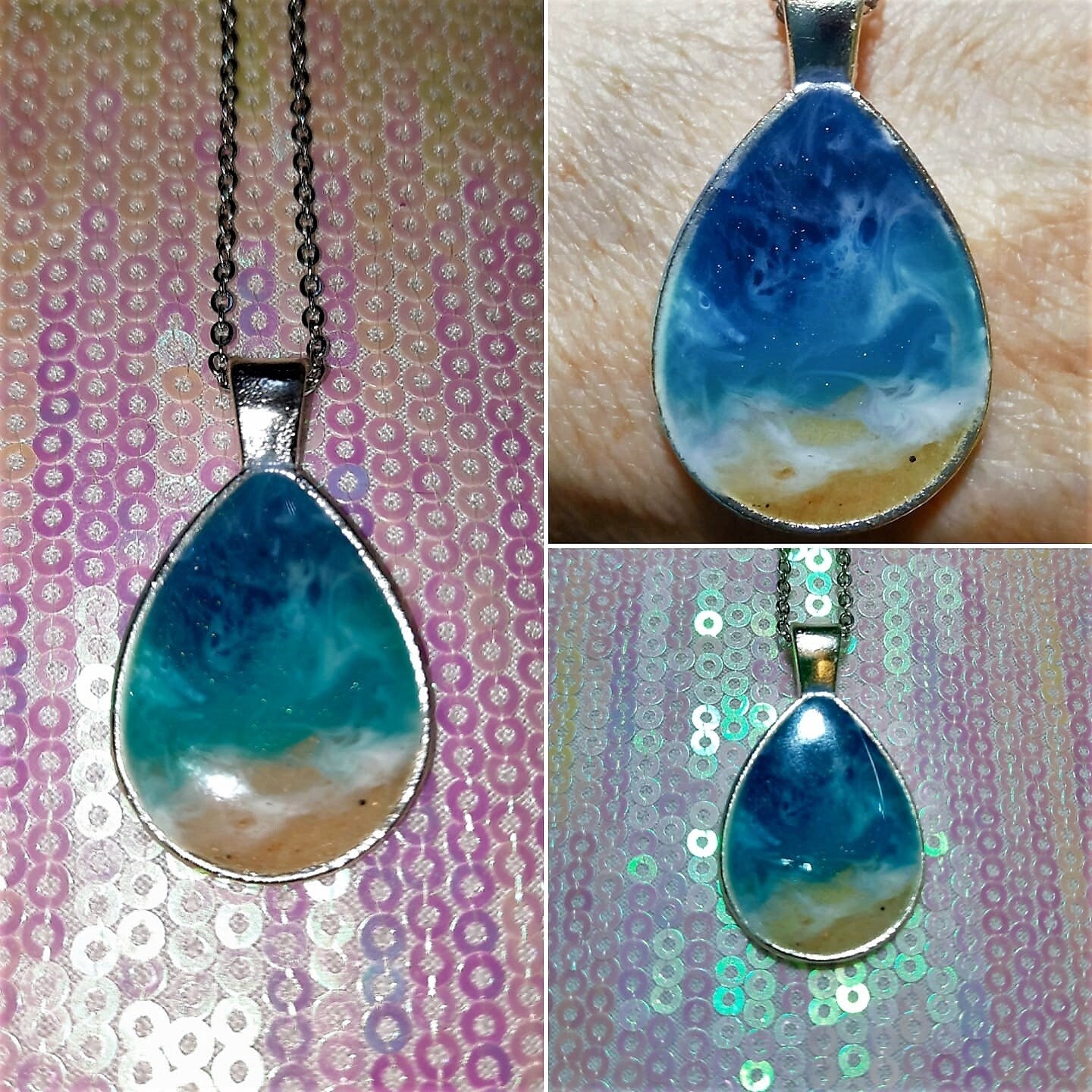 Resin Waves Teardrop Shaped Ocean Pendant / Beach Scene Necklace, Handmade with Resin and Real Sand - One of a Kind - Not a Photograph