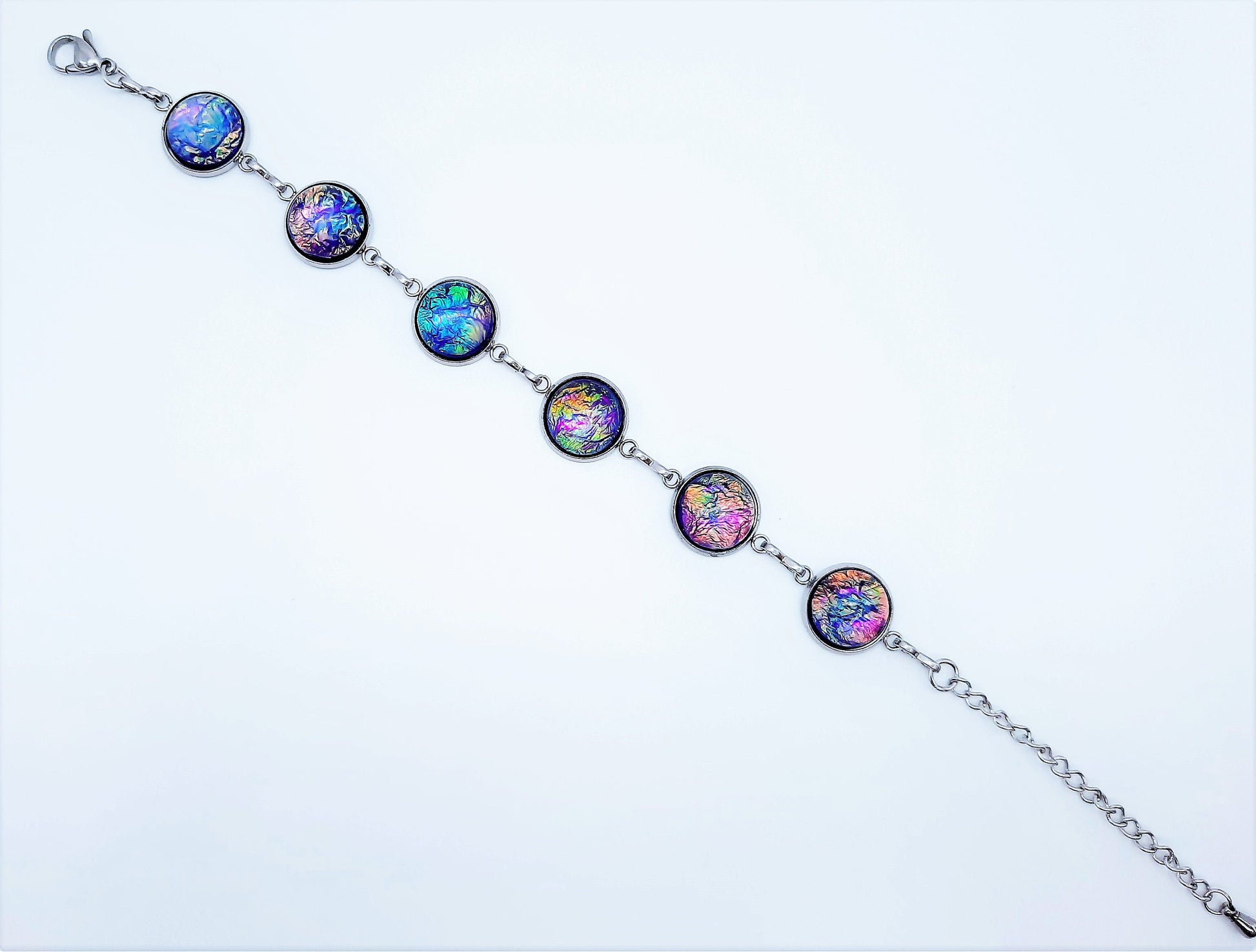 Handcrafted Iridescent Purple Glass Cabochon Link Bracelet / Adjustable / Hypoallergenic Silver Stainless Steel / Lobster Claw Closure