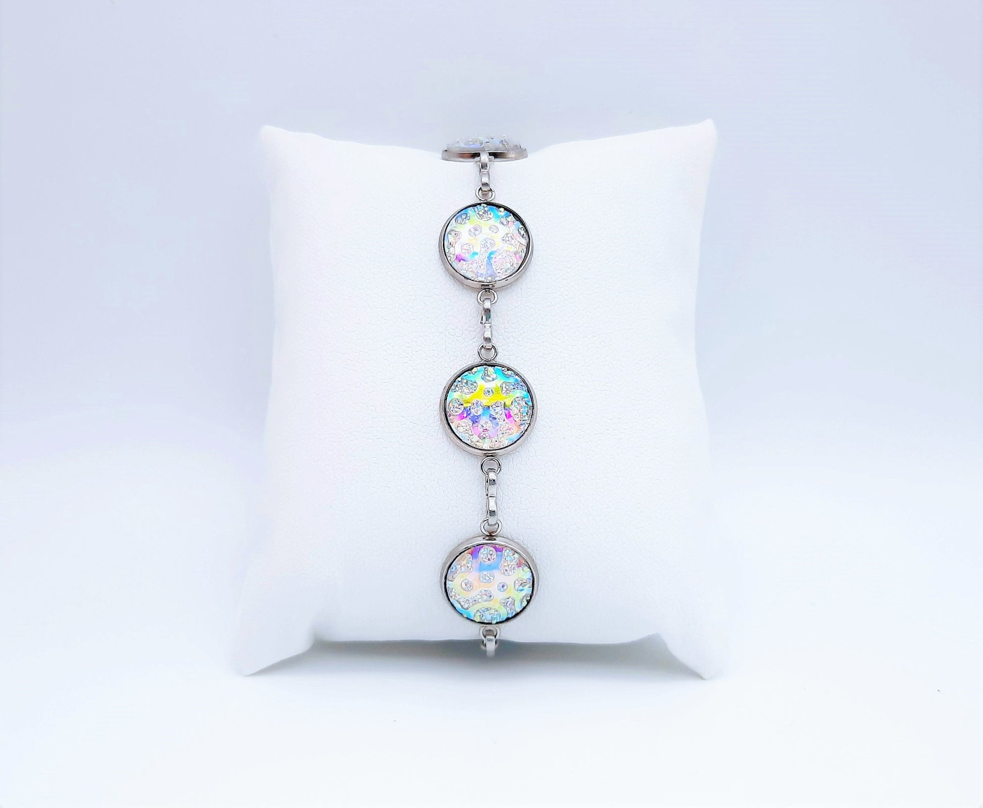 Handcrafted Iridescent White Resin Link Bracelet - Hypoallergenic Silver Stainless Steel - Adjustable Fit - Lobster Claw Closure