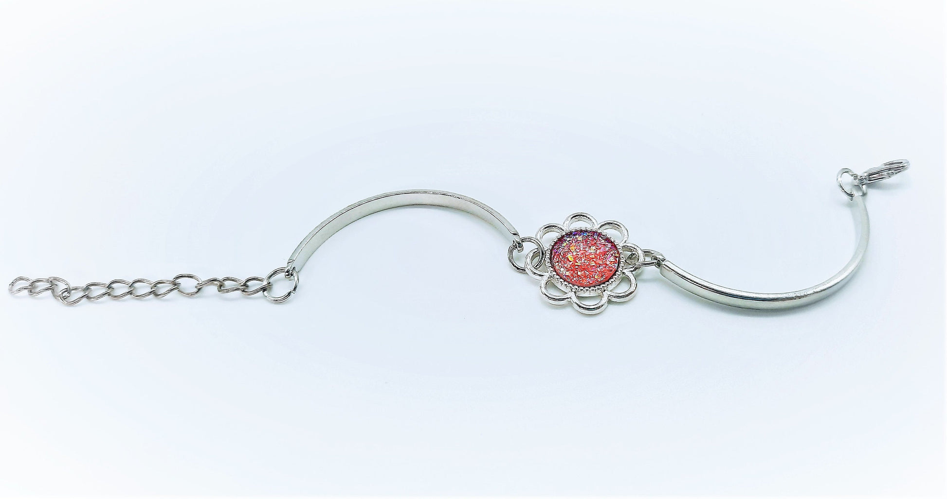 Handcrafted Flower Power Iridescent Pink Druzy Stainless Steel Adjustable Bangle Bracelet - Hypoallergenic