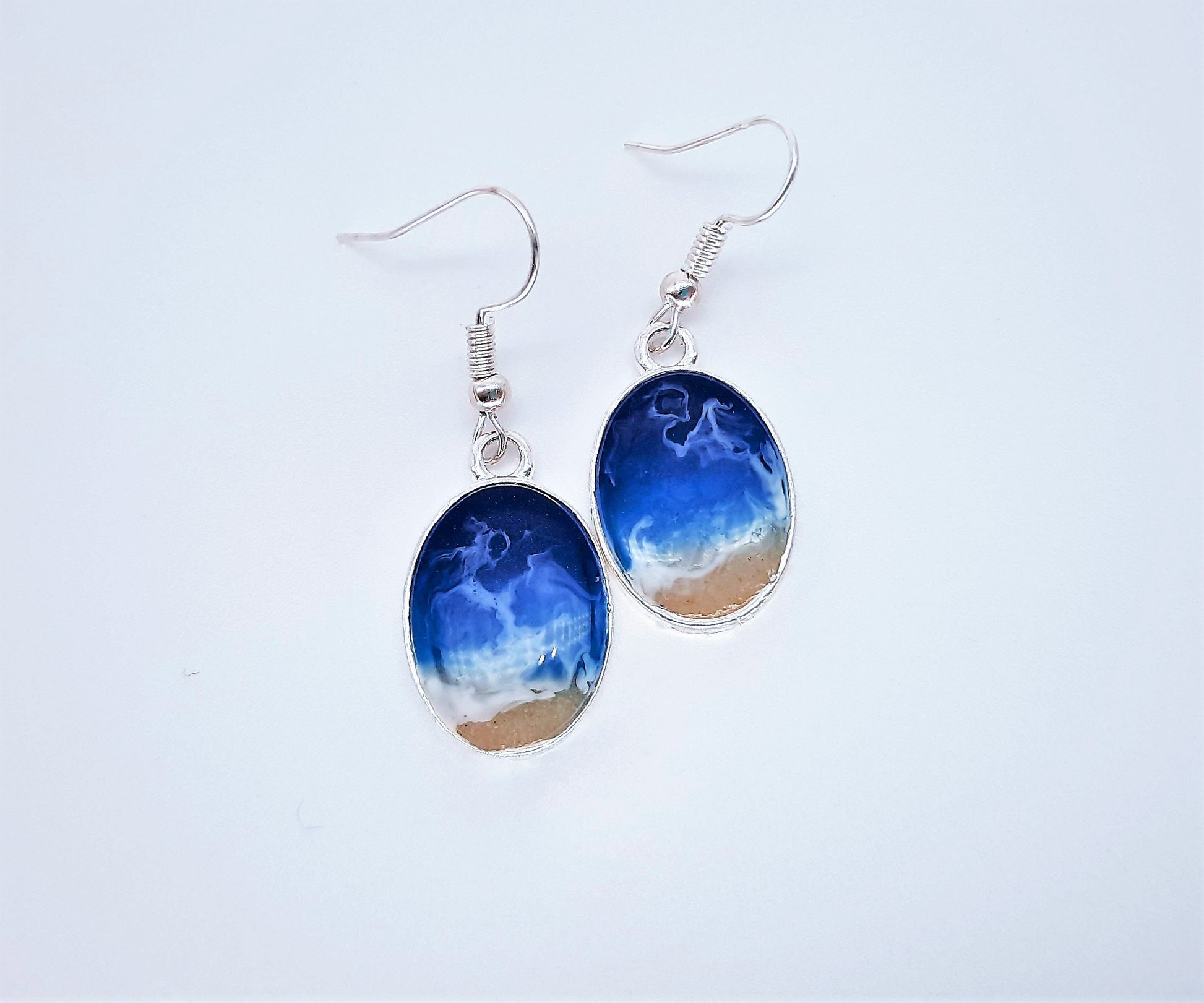 Real Sand Resin Waves Earrings/Oval Ocean Earrings/Beach Scene/Seascape Earrings/Made w/ Sand, Resin, Mica, & Hypoallergenic Stainless Steel
