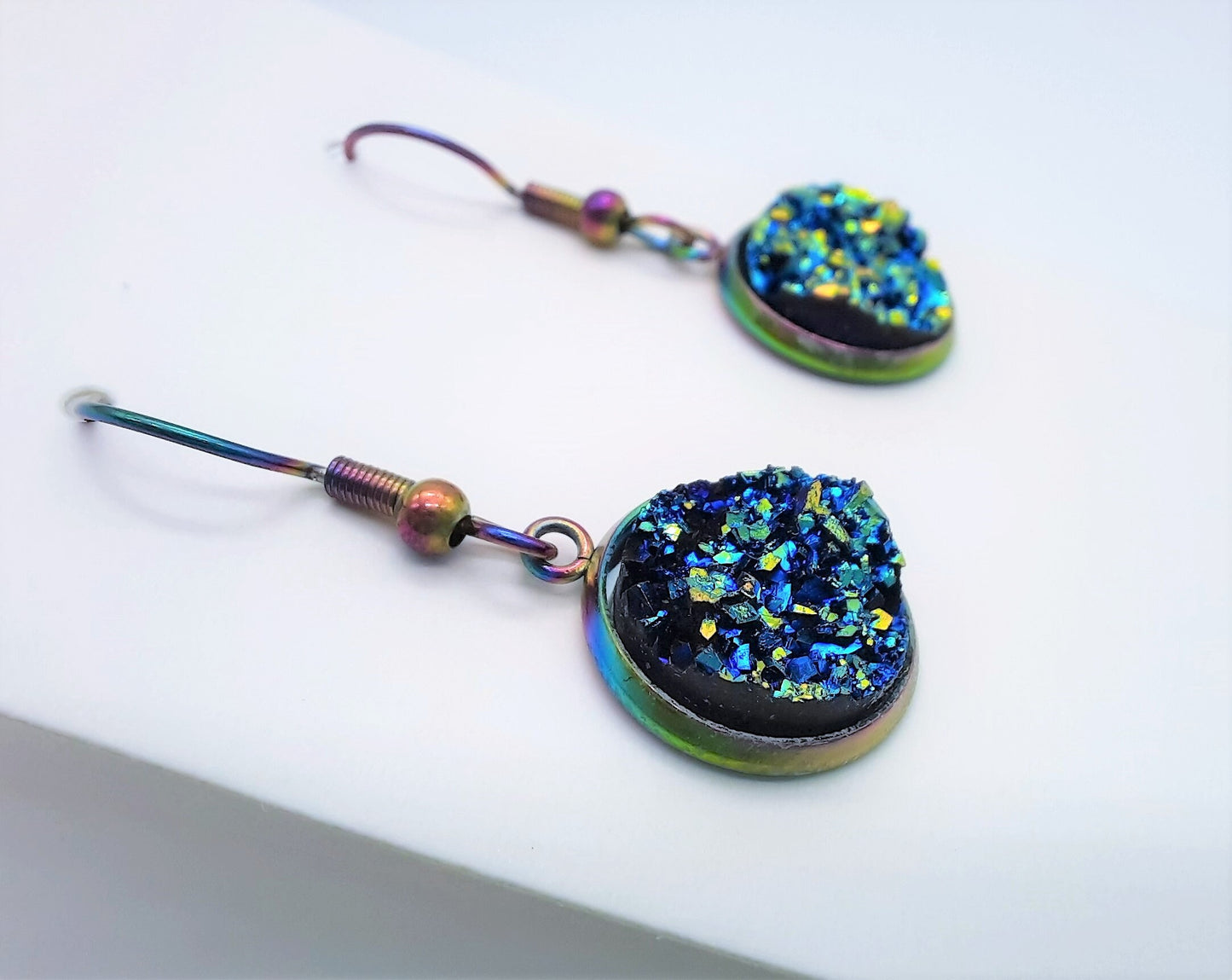 Handcrafted / Handmade Blue - Green Iridescent Druzy Stone Earrings / Made w/ Hypoallergenic Rainbow Chromium Stainless Steel Ear Wire Hooks