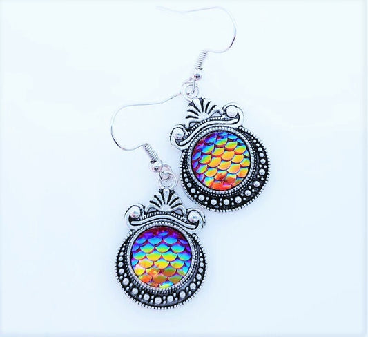 Iridescent Red Mermaid Scale / Dragon Scale / Fish Scale Earrings / Antique Tibetan Look / Made with Hypo-allergenic Stainless Steel