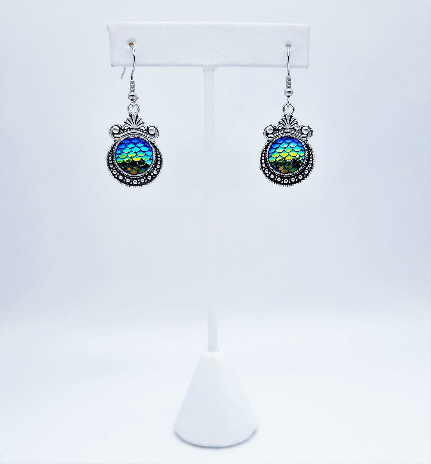 Iridescent Blue - Green Mermaid Scale / Dragon Scale / Fish Scale Earrings / Antique Tibetan Look / Made w/ Hypo-allergenic Stainless Steel