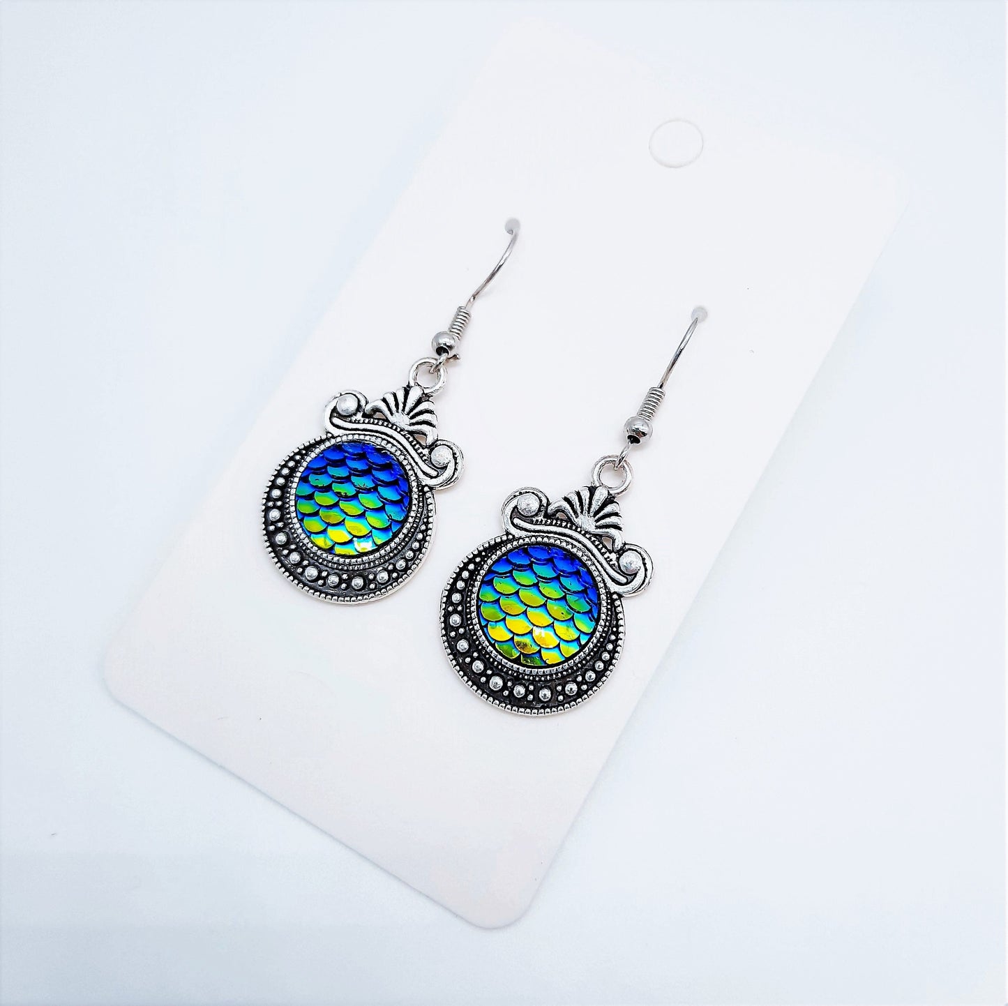 Iridescent Blue - Green Mermaid Scale / Dragon Scale / Fish Scale Earrings / Antique Tibetan Look / Made w/ Hypo-allergenic Stainless Steel