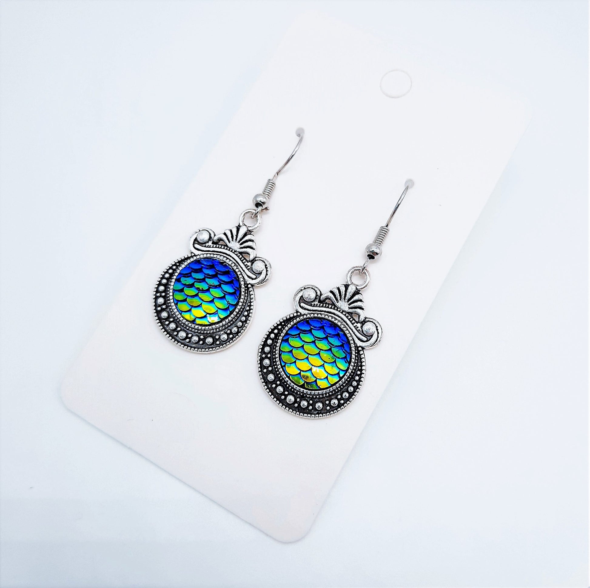 Iridescent Blue - Green Mermaid Scale / Dragon Scale / Fish Scale Earrings / Antique Tibetan Look / Made w/ Hypo-allergenic Stainless Steel