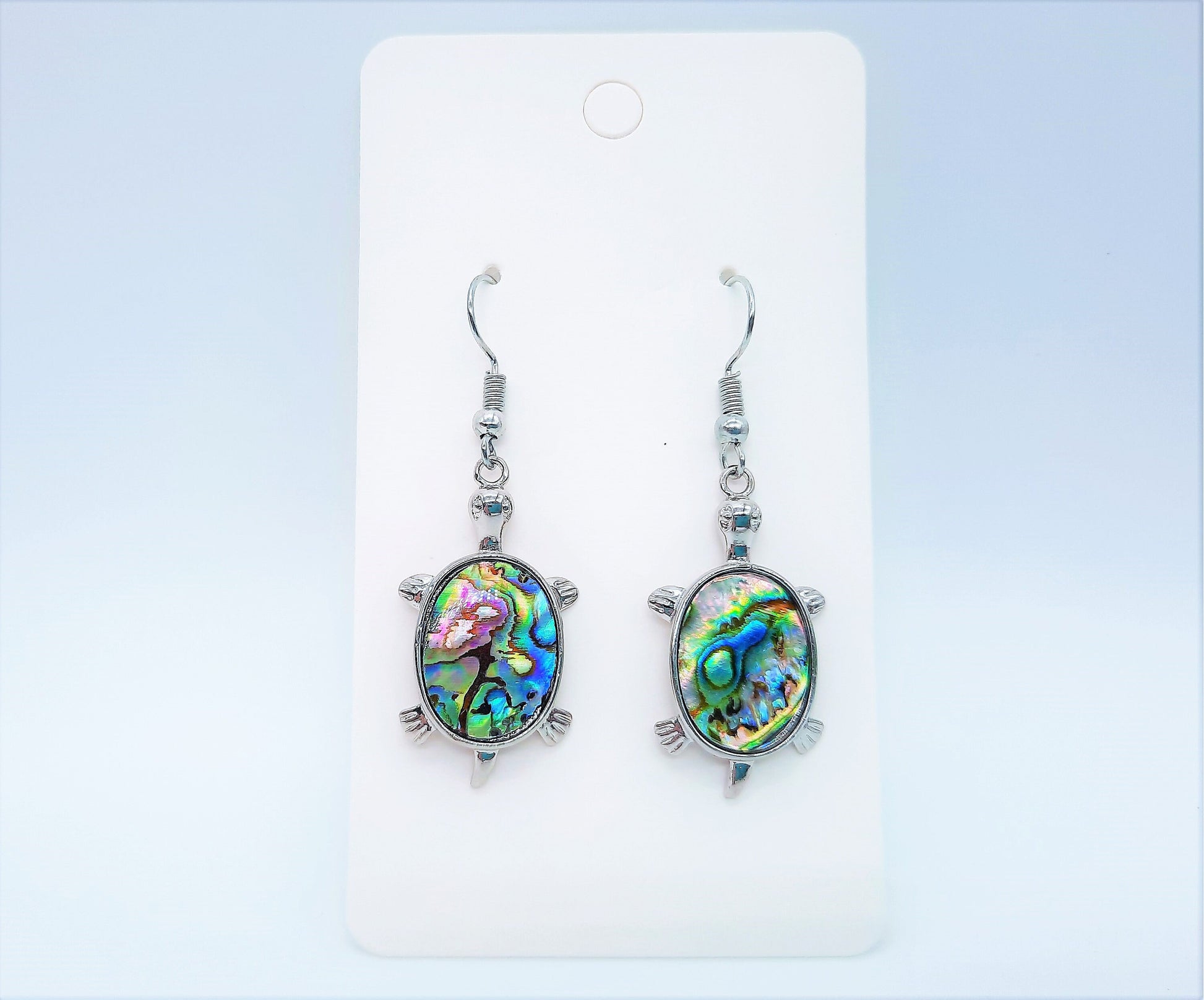 Handcrafted / Handmade Abalone / Paua Sea Turtle Dangle Earrings - Hypoallergenic Stainless Steel Hooks - Silver-Coated Brass Earrings