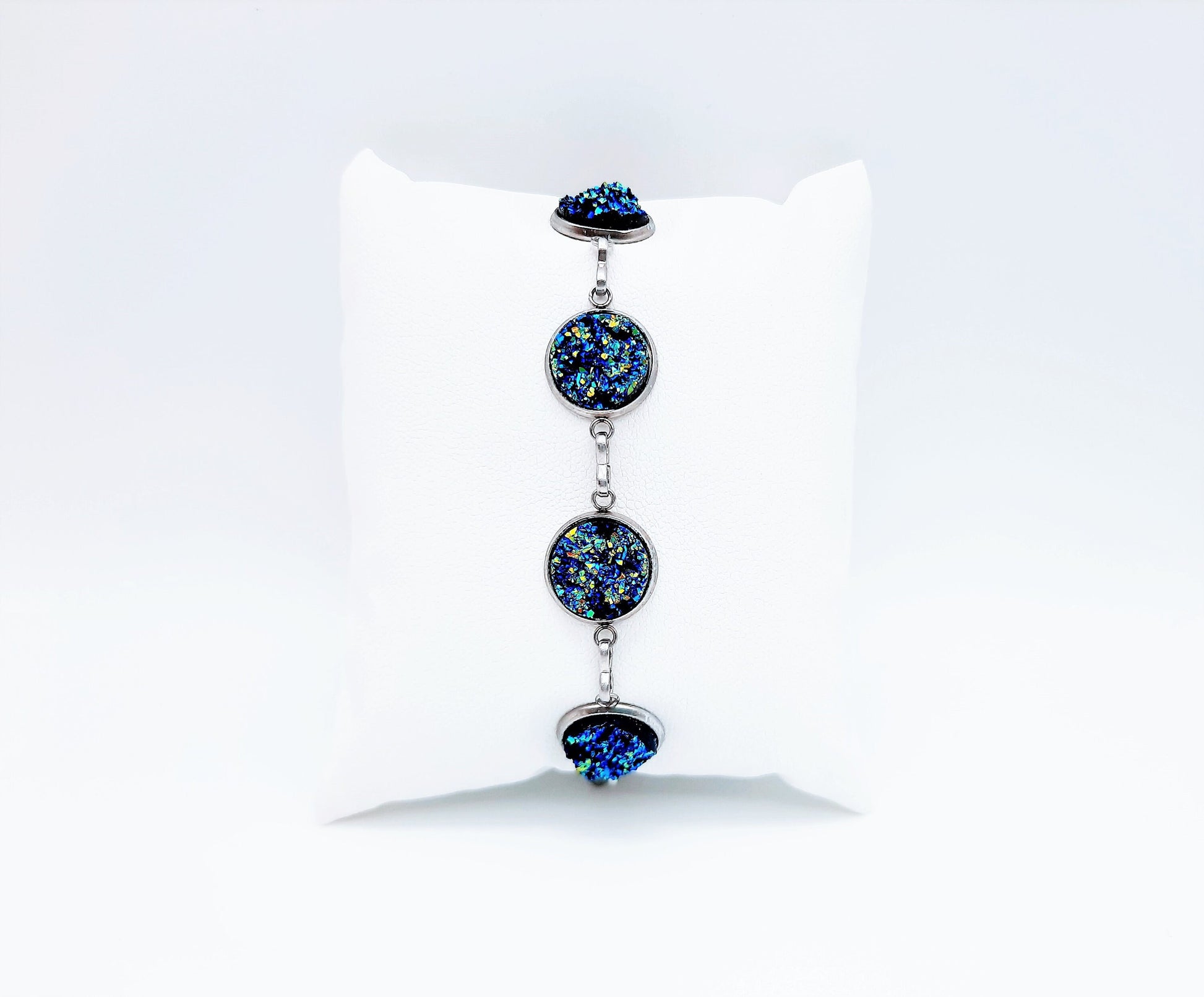 Handcrafted Iridescent Blue - Green Druzy Stone Link Bracelet - Hypoallergenic Silver Stainless Steel - Adjustable - Lobster Claw Closure