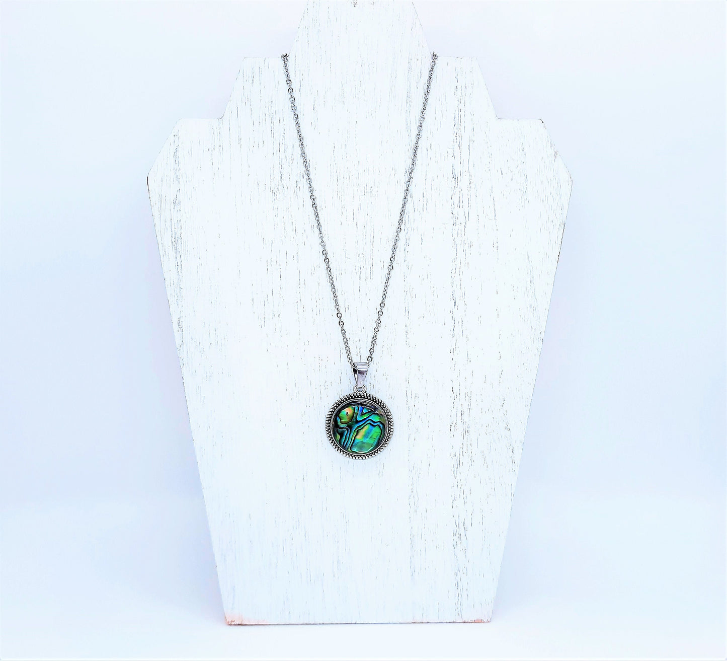 Abalone Shell / Paua Seashell Tibetan Style Pendant Necklace & Earring Set - Stainless Steel - Hypoallergenic