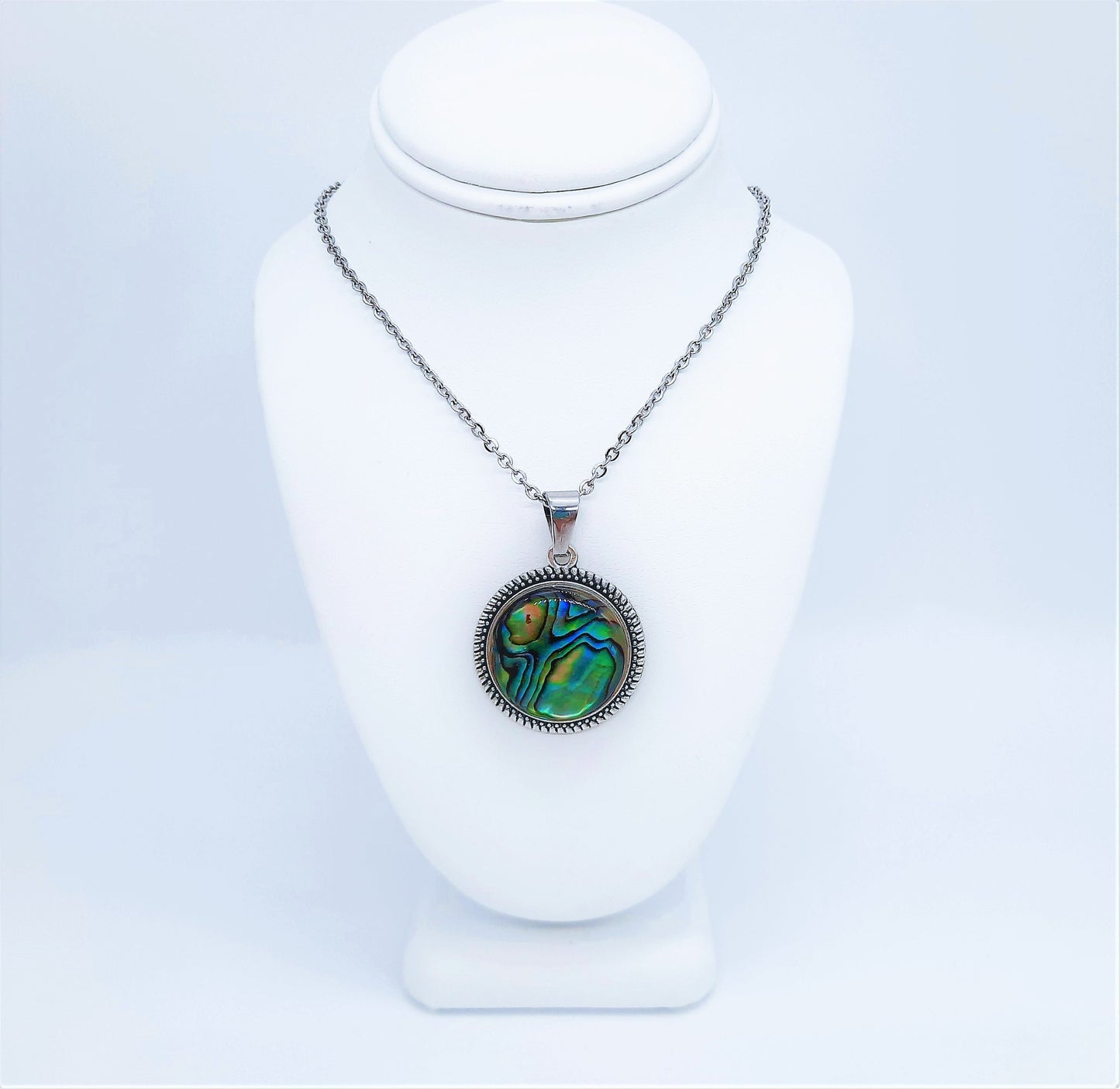 Abalone Shell / Paua Seashell Tibetan Style Pendant Necklace & Earring Set - Stainless Steel - Hypoallergenic