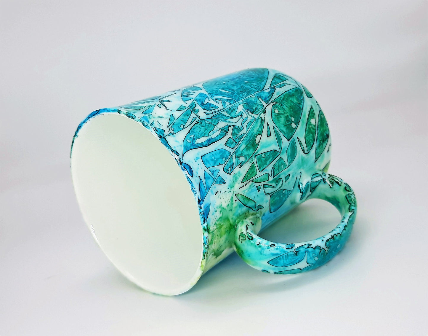 Blue & Green Abstract Alcohol Ink 12 oz Ceramic Coffee Mug, Handpainted and Sealed with Resin, One of a Kind, Unique, Bright